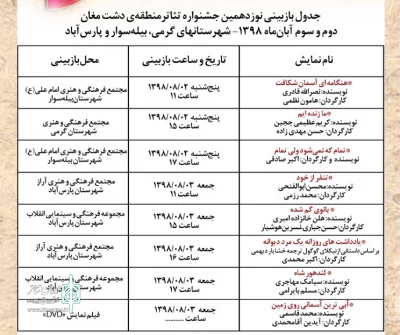 توسط دبیرخانه جشنواره اعلام شد:

زمان  بازبینی نمایشی های جشنواره تئاتر منطقه دشت مغان